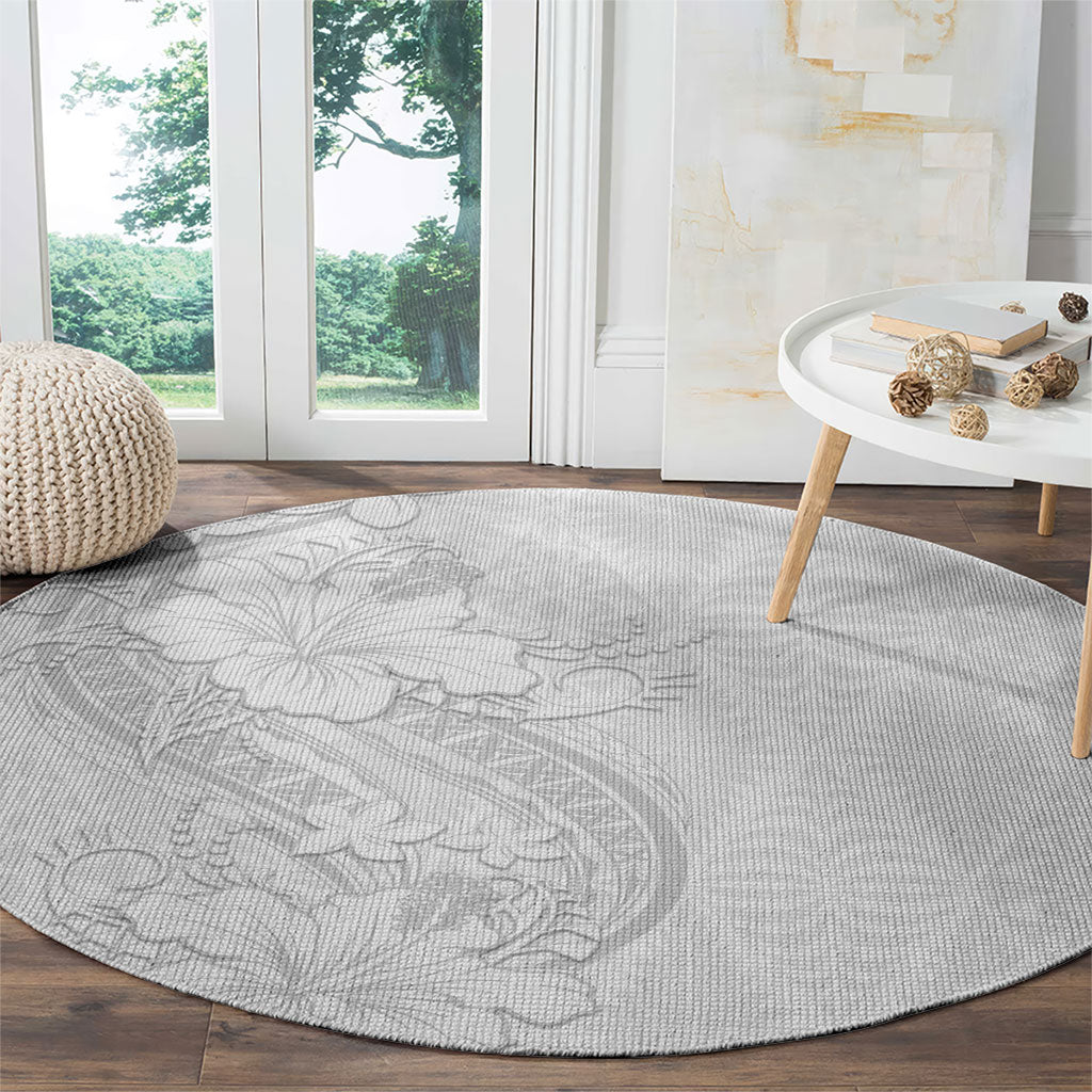 Tokelau White Sunday Round Carpet Elegant Hibiscus Polynesian Tribal Pattern