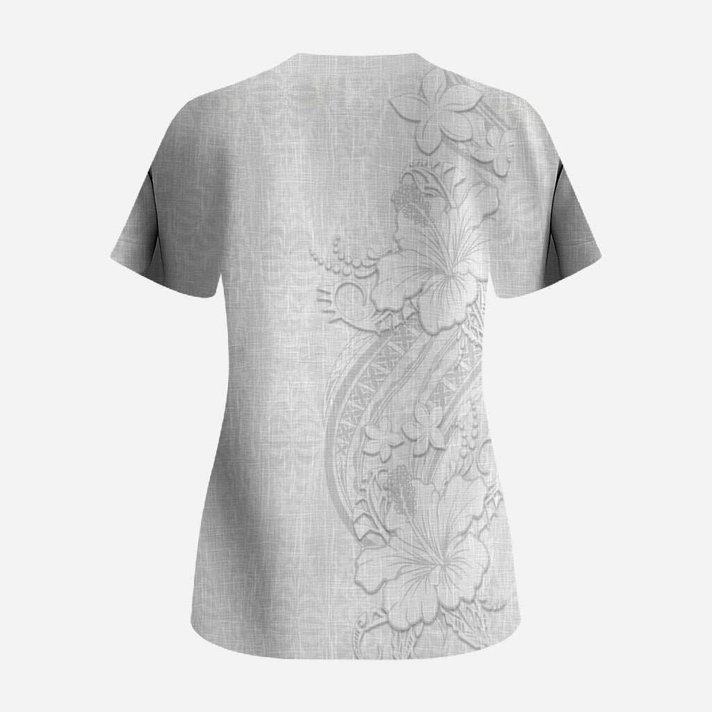 Tokelau White Sunday Scrub Top Elegant Hibiscus Polynesian Tribal Pattern