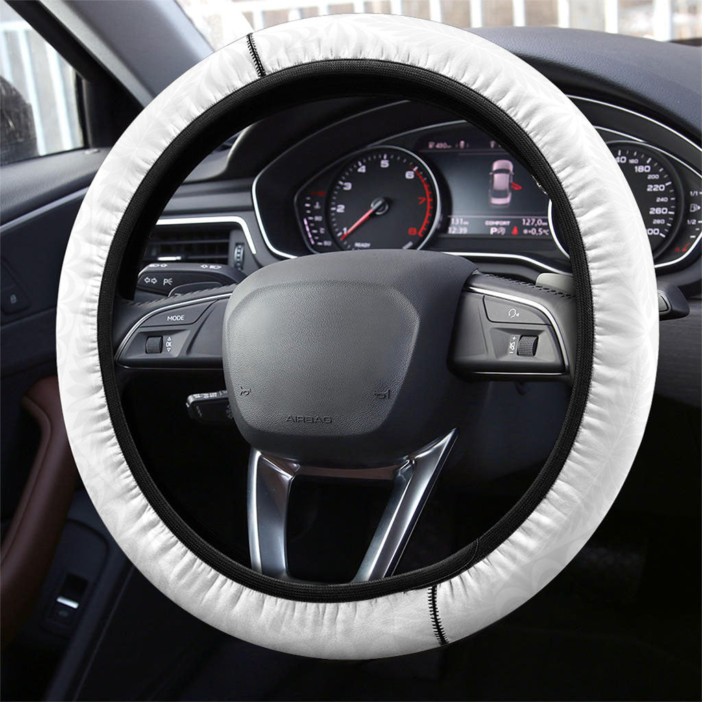 Tokelau White Sunday Steering Wheel Cover Elegant Hibiscus Polynesian Tribal Pattern