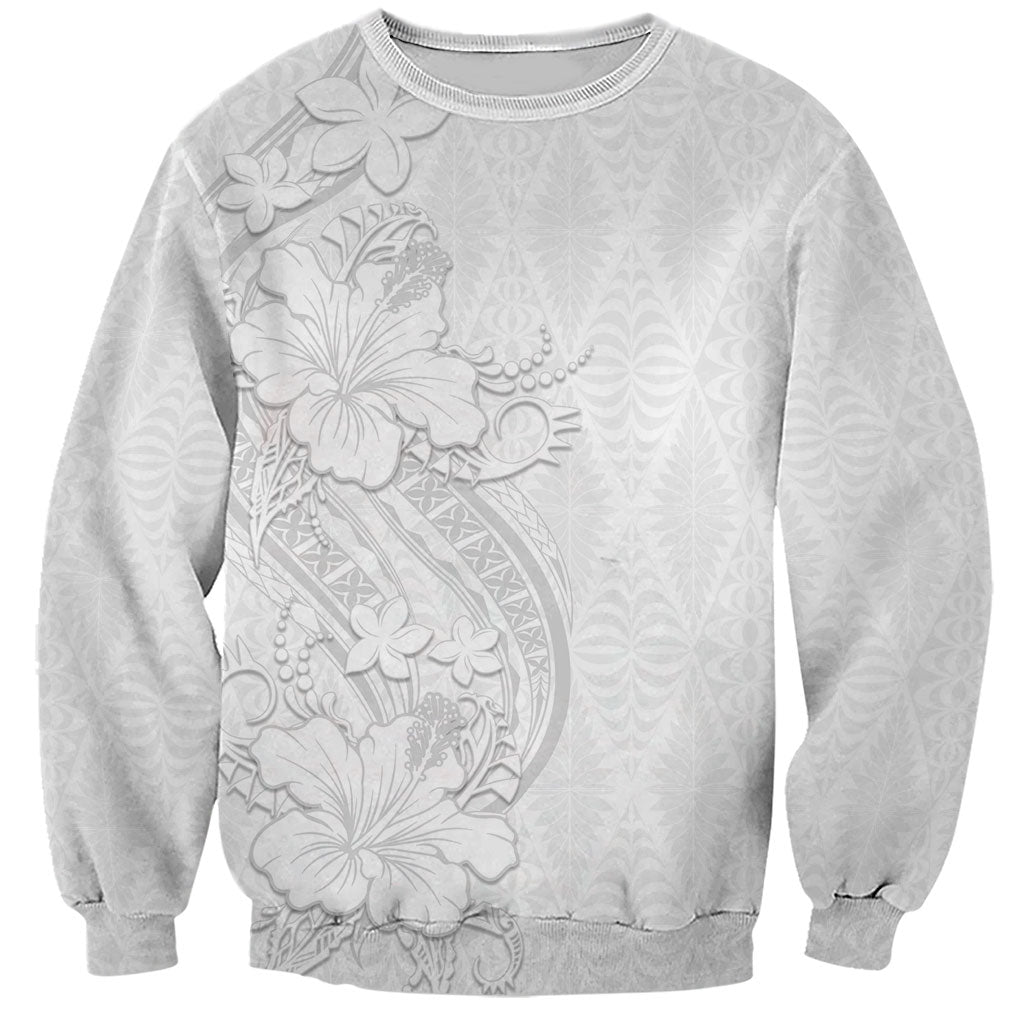 Tokelau White Sunday Sweatshirt Elegant Hibiscus Polynesian Tribal Pattern