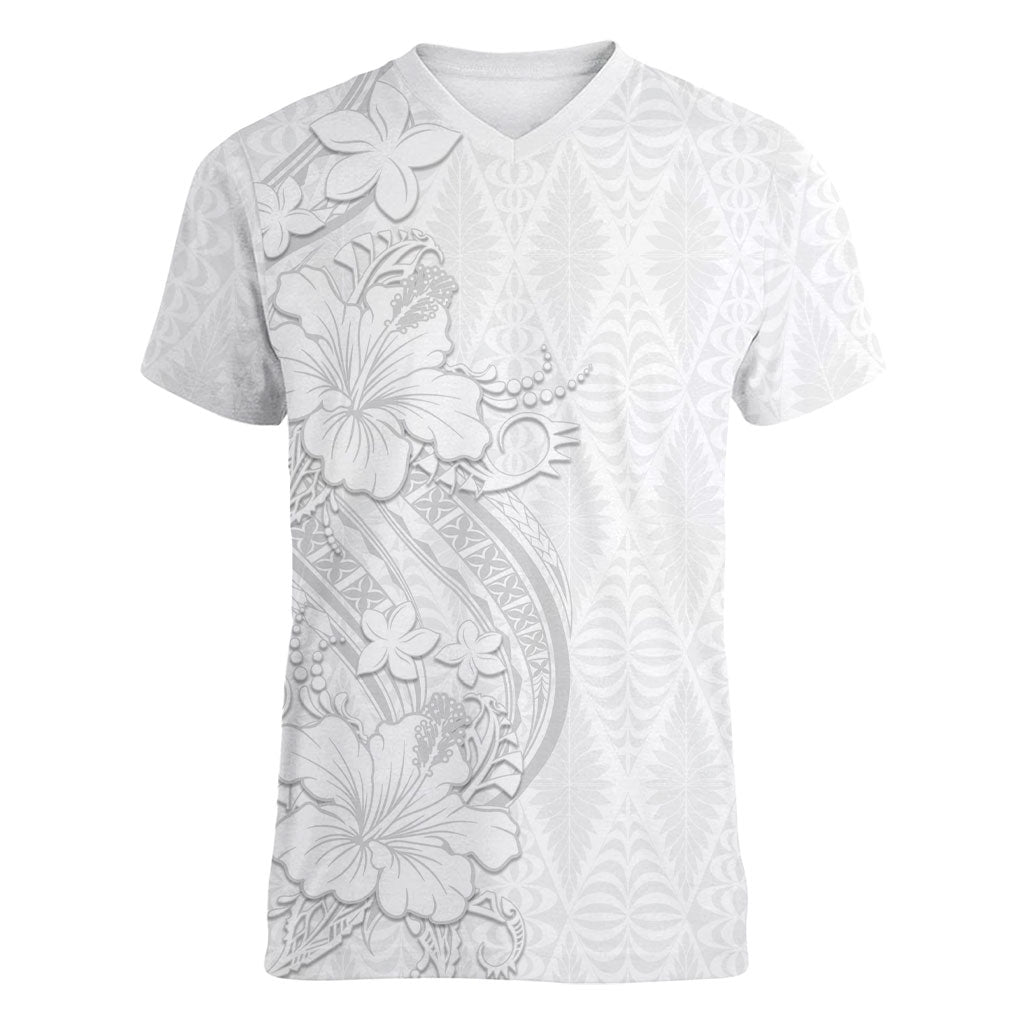 Tokelau White Sunday Women V-Neck T-Shirt Elegant Hibiscus Polynesian Tribal Pattern
