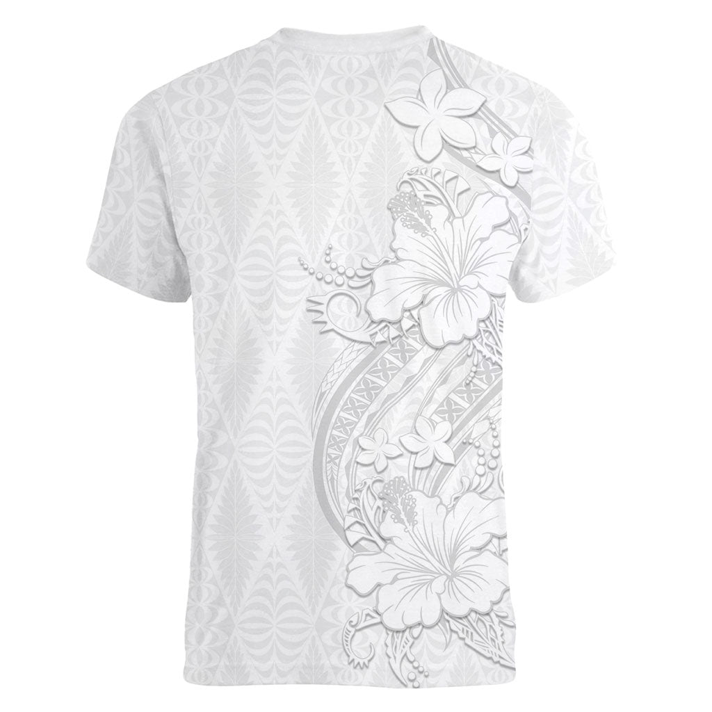 Tokelau White Sunday Women V-Neck T-Shirt Elegant Hibiscus Polynesian Tribal Pattern