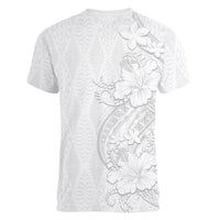 Tokelau White Sunday Women V-Neck T-Shirt Elegant Hibiscus Polynesian Tribal Pattern