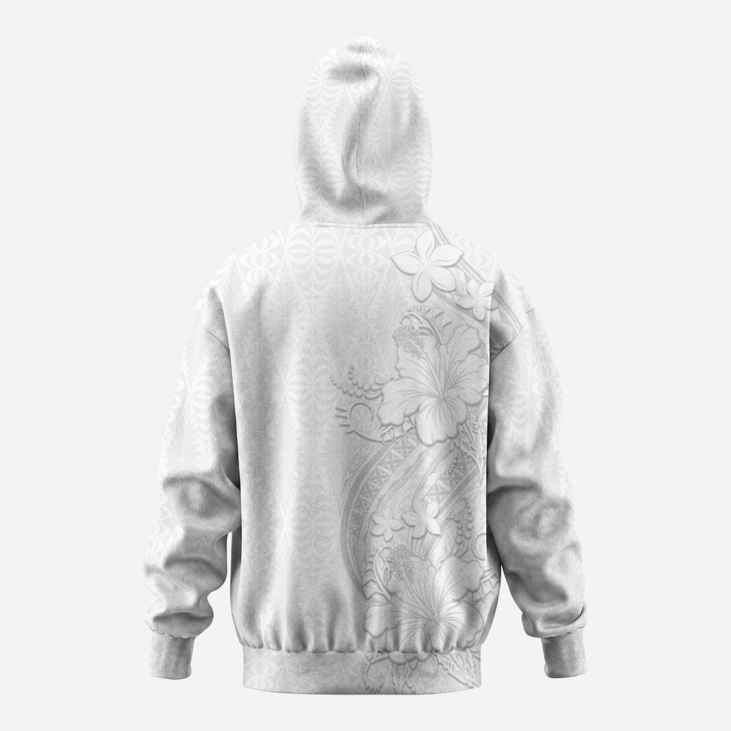 Tokelau White Sunday Zip Hoodie Elegant Hibiscus Polynesian Tribal Pattern