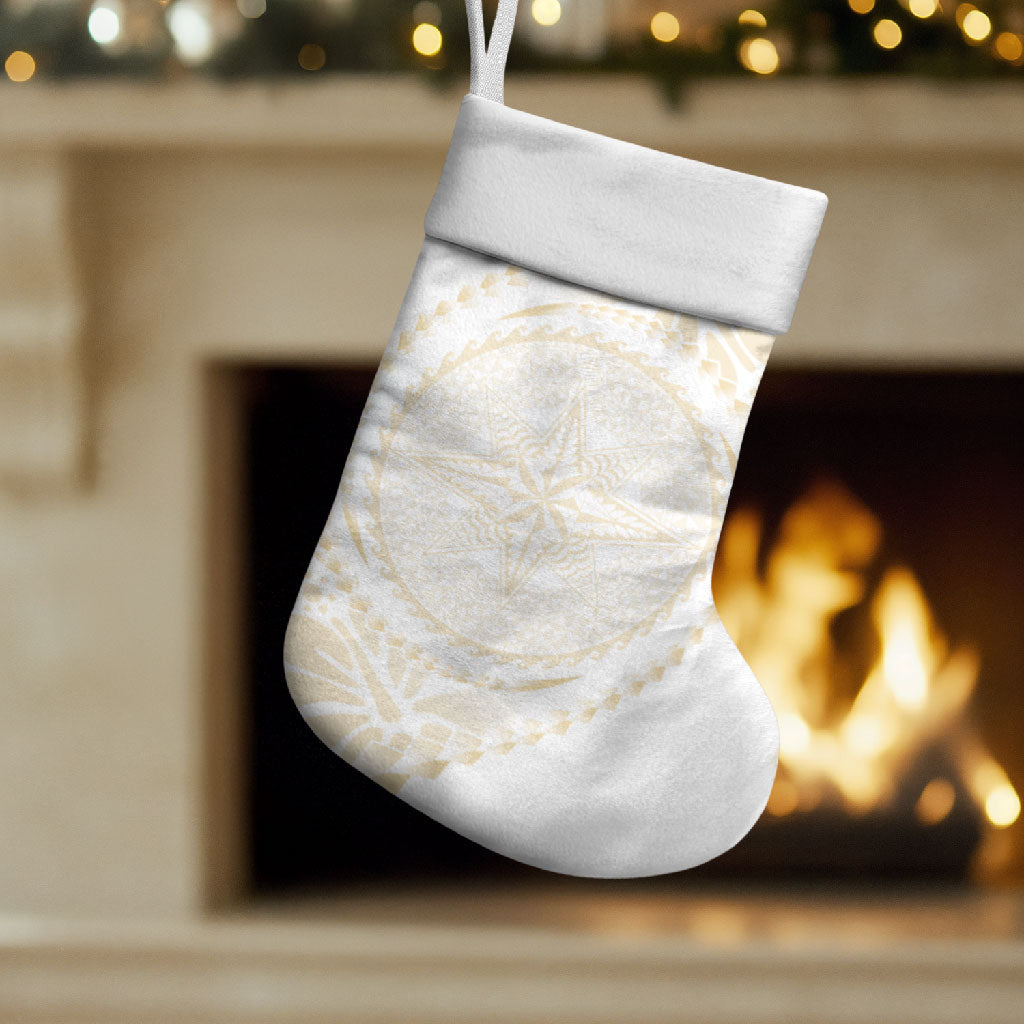 Tonga White Sunday Christmas Stocking Lotu Tamaiti Tongan Kupesi Pattern LT05 Set of 2 Beige - Polynesian Pride