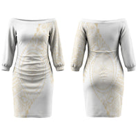 Tonga White Sunday Couples Matching Off The Shoulder Long Sleeve Dress and Long Sleeve Button Shirt Lotu Tamaiti Tongan Kupesi Pattern