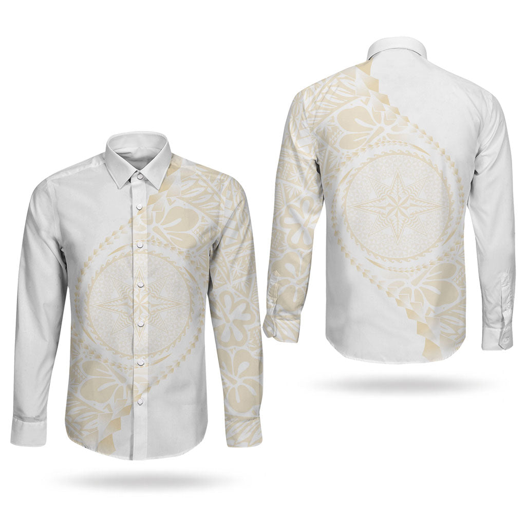 Tonga White Sunday Couples Matching Summer Maxi Dress and Long Sleeve Button Shirt Lotu Tamaiti Tongan Kupesi Pattern