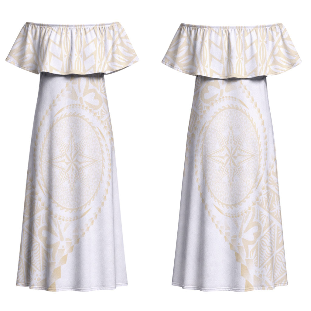 Tonga White Sunday Family Matching Off Shoulder Maxi Dress and Hawaiian Shirt Lotu Tamaiti Tongan Kupesi Pattern