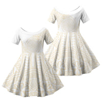 Tonga White Sunday Family Matching Off Shoulder Maxi Dress and Hawaiian Shirt Lotu Tamaiti Tongan Kupesi Pattern