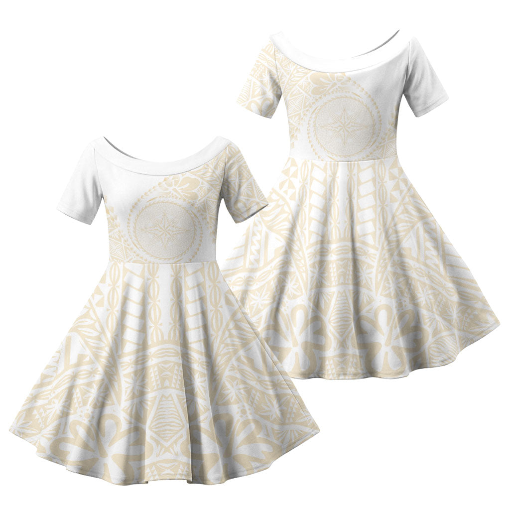 Tonga White Sunday Family Matching Off Shoulder Short Dress and Hawaiian Shirt Lotu Tamaiti Tongan Kupesi Pattern