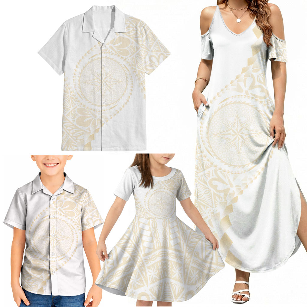 Tonga White Sunday Family Matching Summer Maxi Dress and Hawaiian Shirt Lotu Tamaiti Tongan Kupesi Pattern