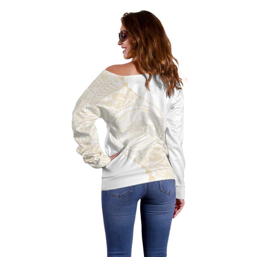 Tonga White Sunday Off Shoulder Sweater Lotu Tamaiti Tongan Kupesi Pattern