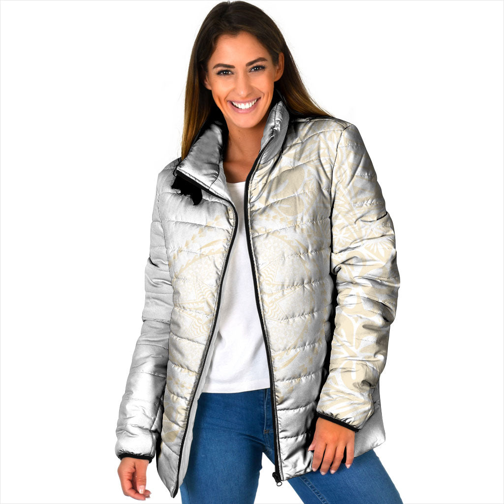 Tonga White Sunday Padded Jacket Lotu Tamaiti Tongan Kupesi Pattern