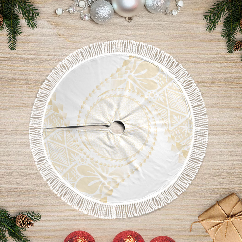 Tonga White Sunday Tree Skirt Lotu Tamaiti Tongan Kupesi Pattern LT05 Fringed Beige - Polynesian Pride