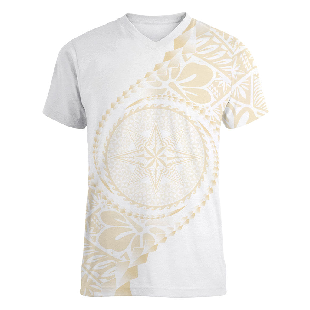 Tonga White Sunday Women V-Neck T-Shirt Lotu Tamaiti Tongan Kupesi Pattern