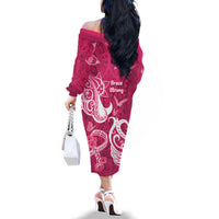 Breast Cancer Awareness Family Matching Off Shoulder Long Sleeve Dress and Hawaiian Shirt Ribbon Polynesian Pattern Pink Version LT05 - Polynesian Pride