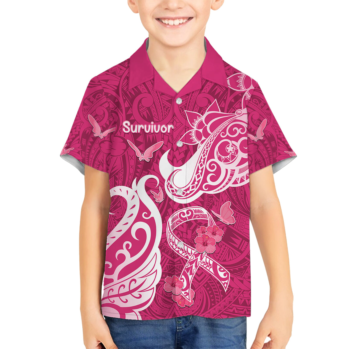 Breast Cancer Awareness Kid Hawaiian Shirt Ribbon Polynesian Pattern Pink Version LT05 - Polynesian Pride