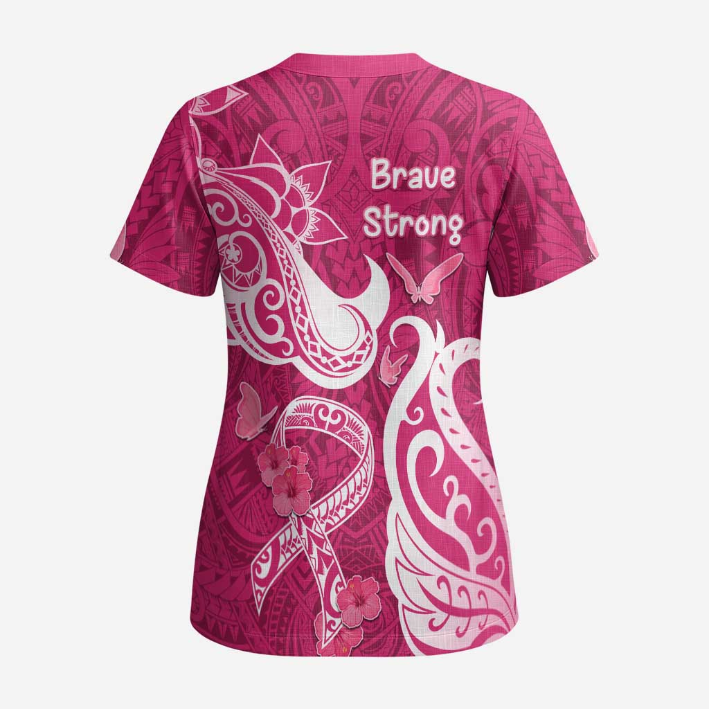 Breast Cancer Awareness Scrub Top Ribbon Polynesian Pattern Pink Version - Polynesian Pride