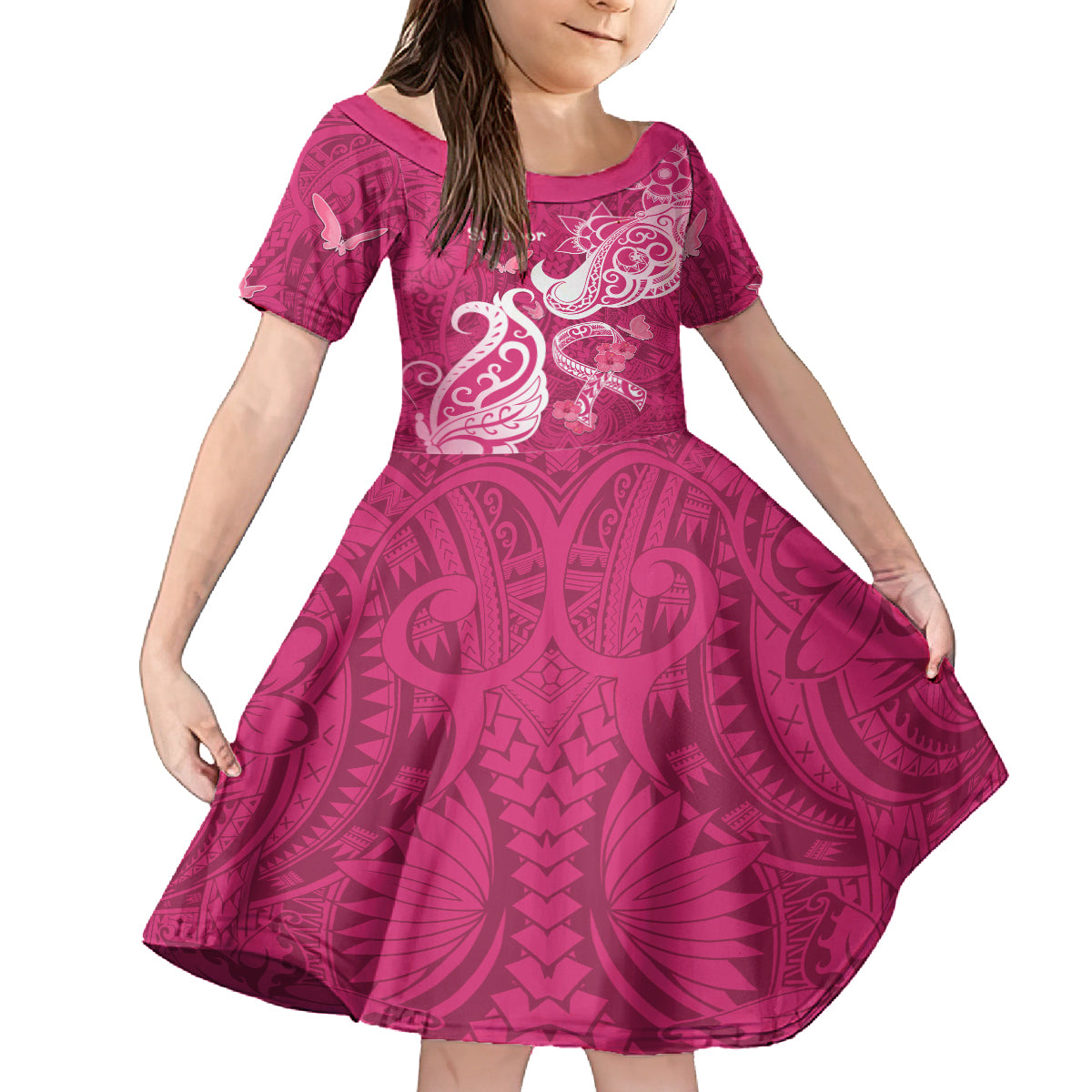 Personalized Breast Cancer Awareness Family Matching Long Sleeve Bodycon Dress and Hawaiian Shirt Ribbon Polynesian Pattern Pink Version LT05 Daughter's Dress Pink - Polynesian Pride