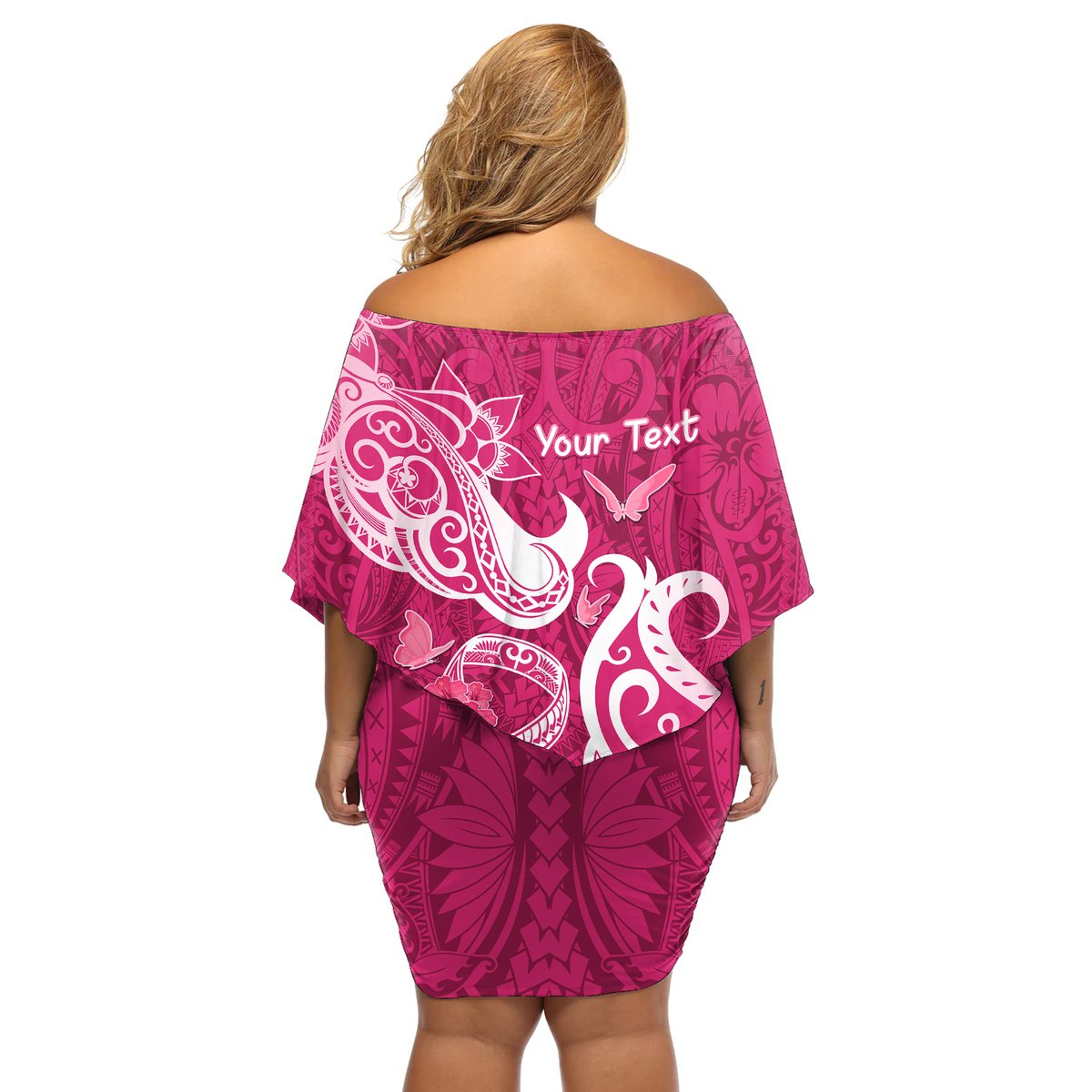 Personalized Breast Cancer Awareness Off Shoulder Short Dress Ribbon Polynesian Pattern Pink Version LT05 - Polynesian Pride