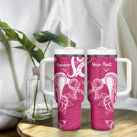 Personalized Breast Cancer Awareness Tumbler With Handle Ribbon Polynesian Pattern Pink Version