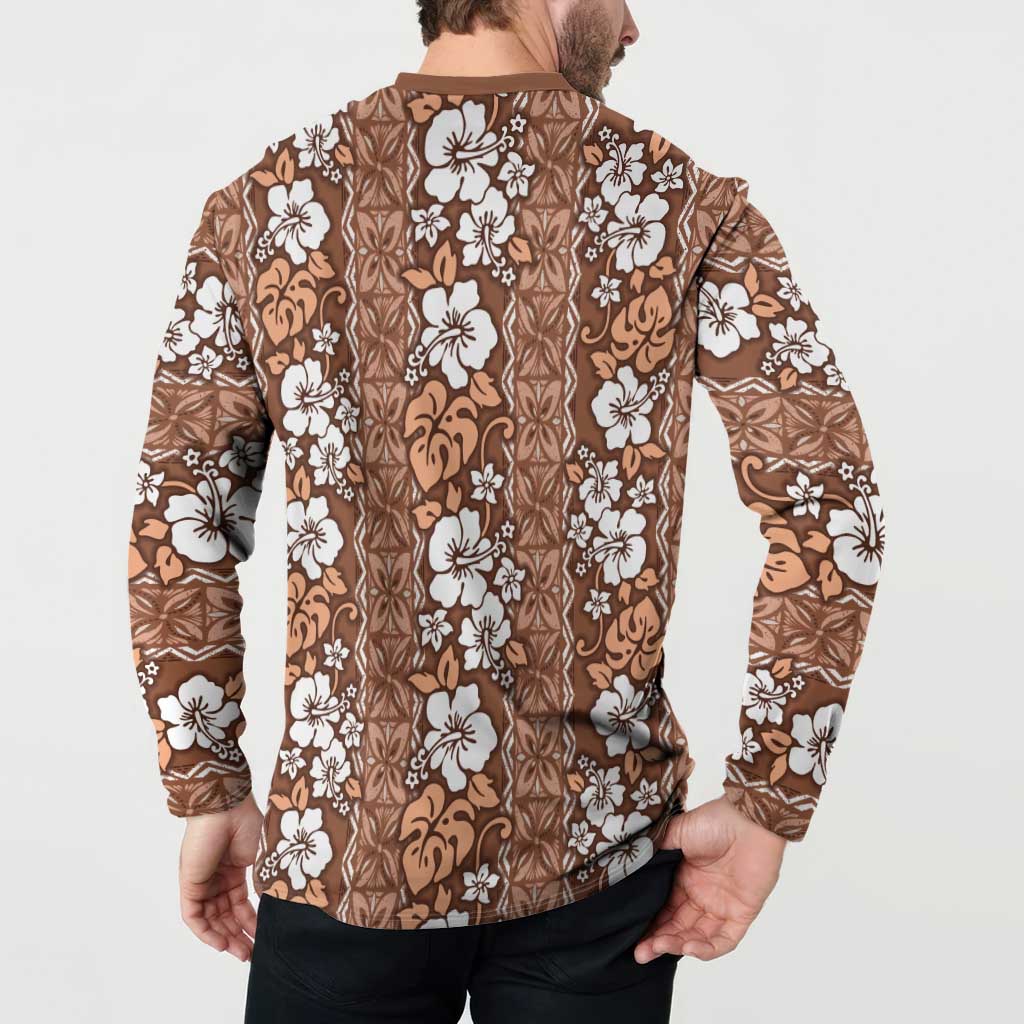 Hawaii Vintage Brown Hibiscus Tapa Pattern Button Sweatshirt