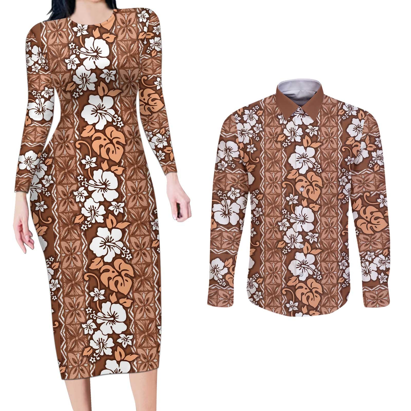 Hawaii Vintage Brown Hibiscus Tapa Pattern Couples Matching Long Sleeve Bodycon Dress and Long Sleeve Button Shirt LT05 Brown - Polynesian Pride