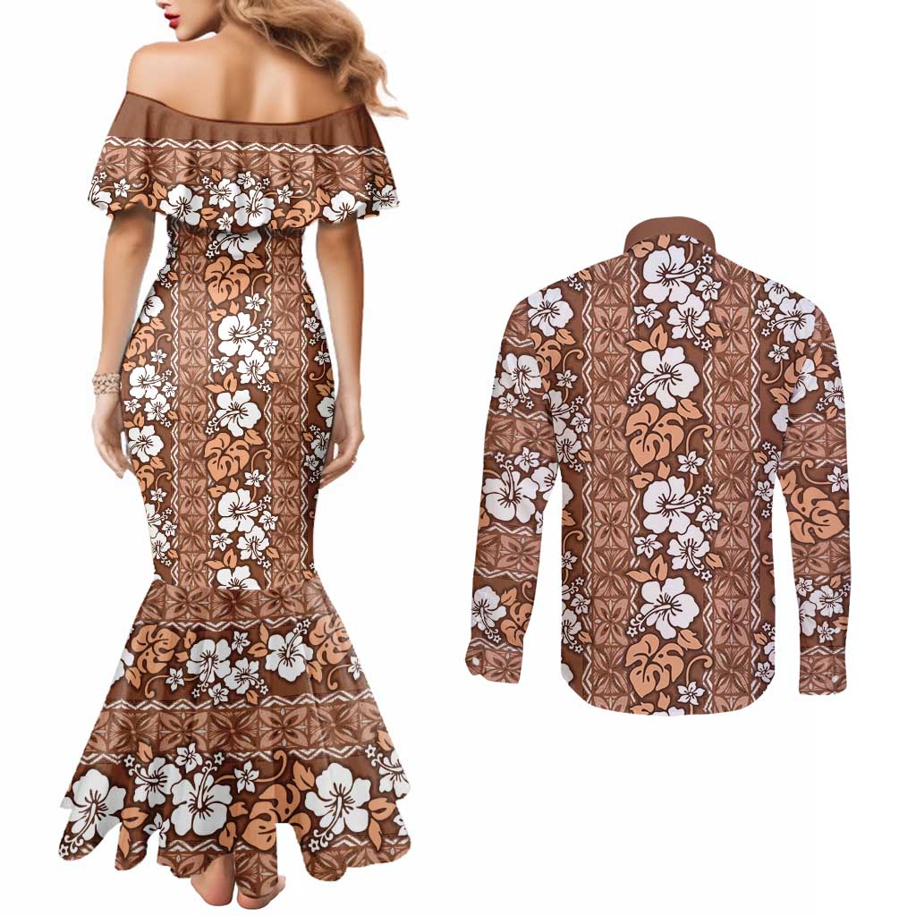Hawaii Vintage Brown Hibiscus Tapa Pattern Couples Matching Mermaid Dress and Long Sleeve Button Shirt