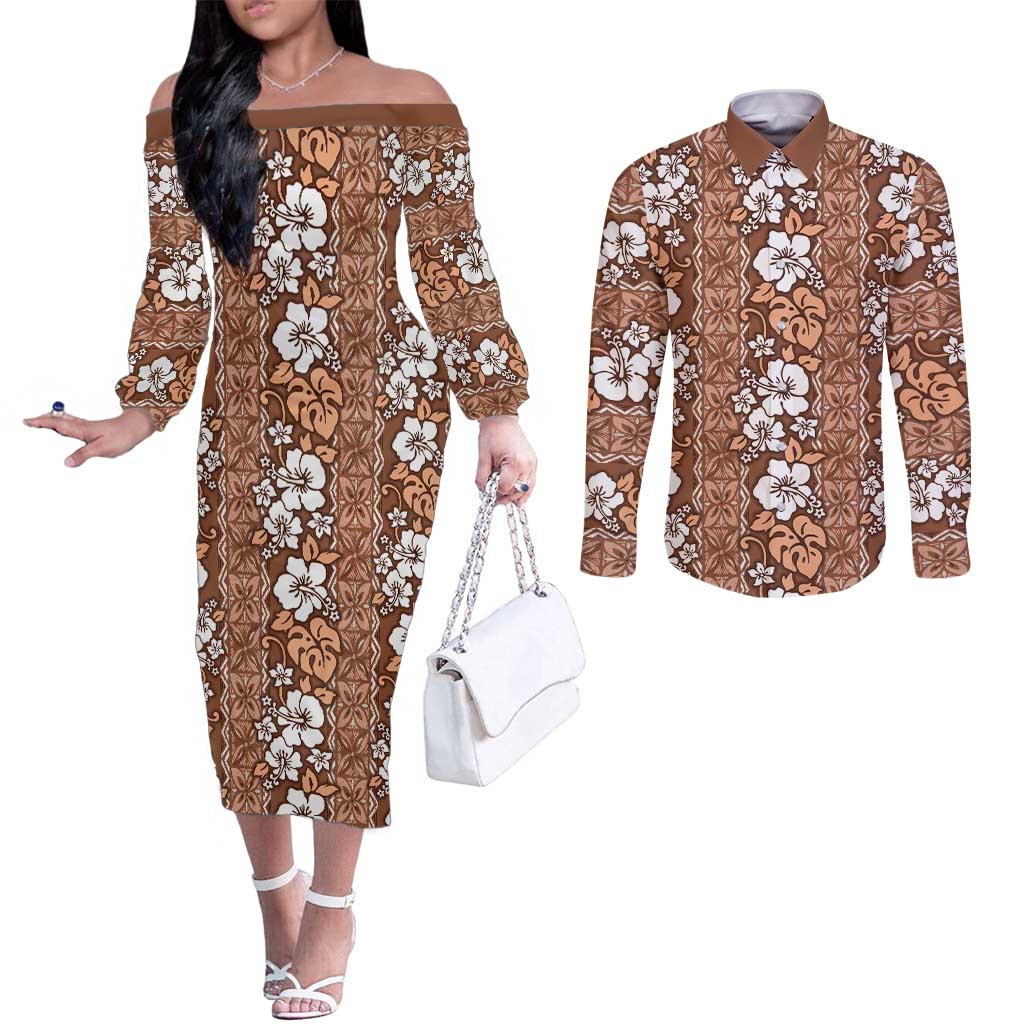 Hawaii Vintage Brown Hibiscus Tapa Pattern Couples Matching Off The Shoulder Long Sleeve Dress and Long Sleeve Button Shirt