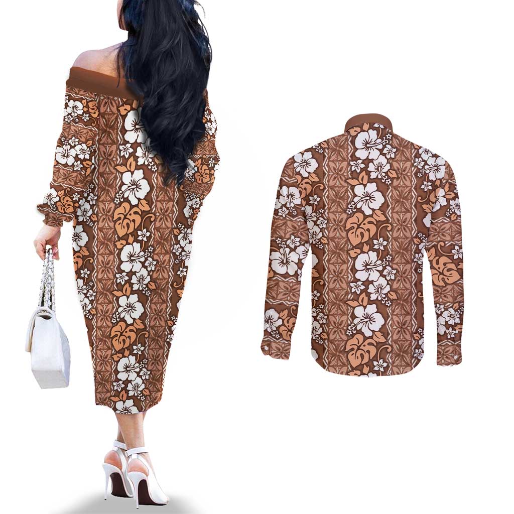 Hawaii Vintage Brown Hibiscus Tapa Pattern Couples Matching Off The Shoulder Long Sleeve Dress and Long Sleeve Button Shirt