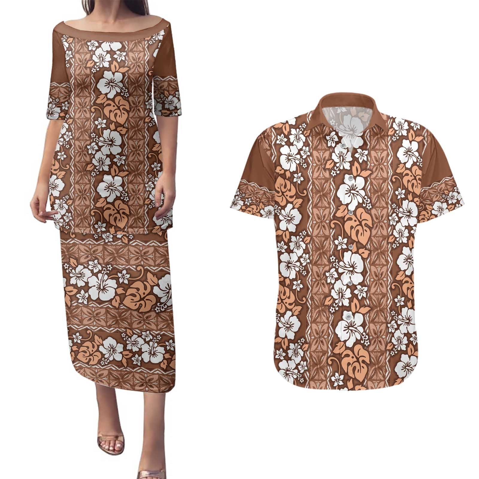 Hawaii Vintage Brown Hibiscus Tapa Pattern Couples Matching Puletasi and Hawaiian Shirt