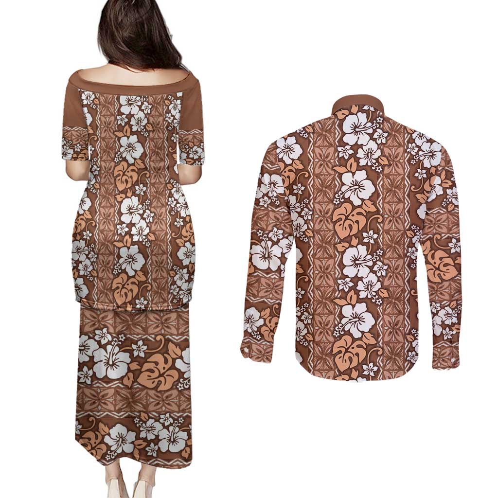 Hawaii Vintage Brown Hibiscus Tapa Pattern Couples Matching Puletasi and Long Sleeve Button Shirt