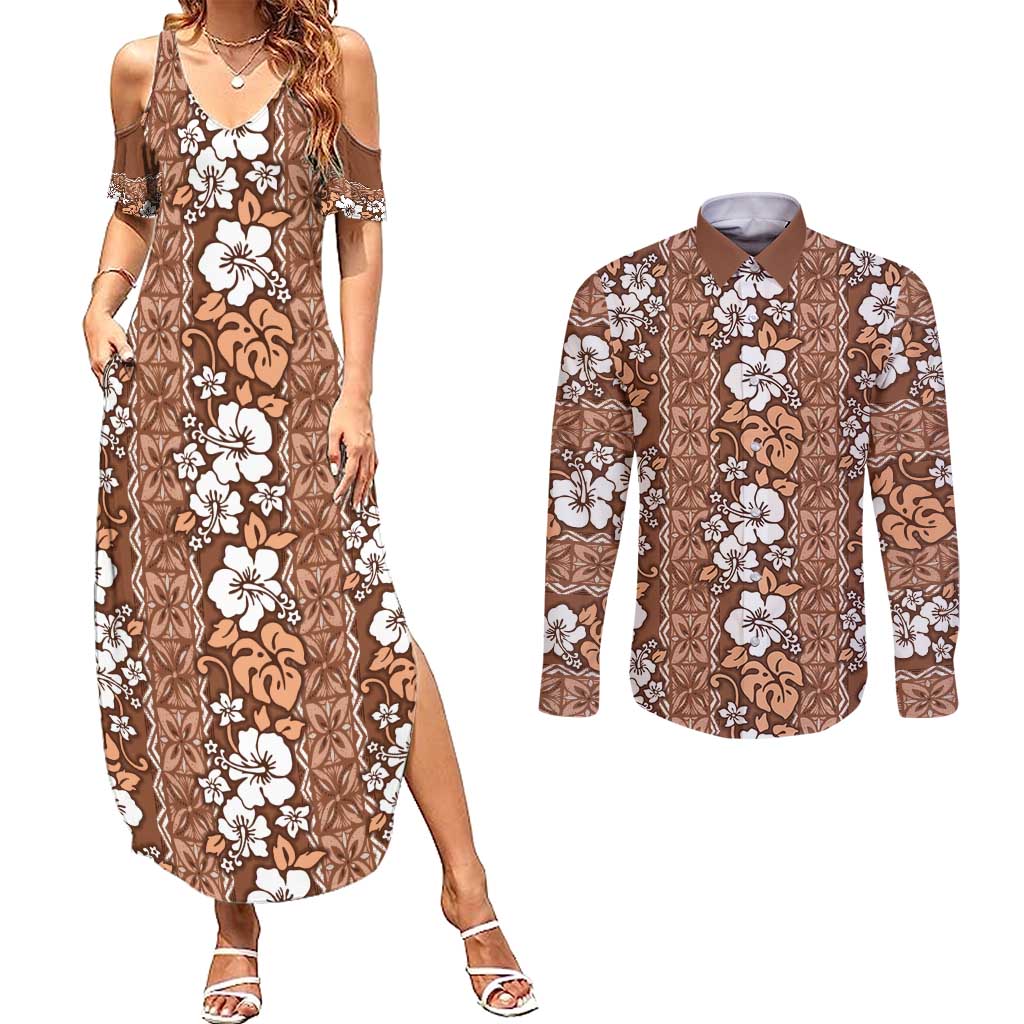 Hawaii Vintage Brown Hibiscus Tapa Pattern Couples Matching Summer Maxi Dress and Long Sleeve Button Shirt