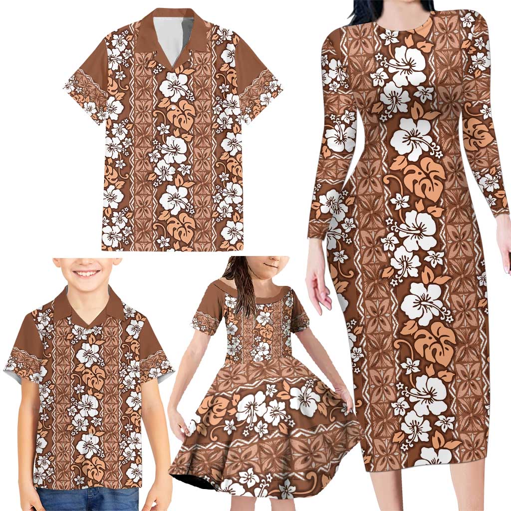 Hawaii Vintage Brown Hibiscus Tapa Pattern Family Matching Long Sleeve Bodycon Dress and Hawaiian Shirt LT05 - Polynesian Pride