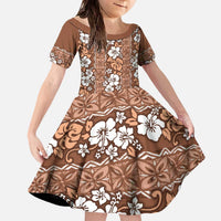 Hawaii Vintage Brown Hibiscus Tapa Pattern Family Matching Off The Shoulder Long Sleeve Dress and Hawaiian Shirt LT05 Daughter's Dress Brown - Polynesian Pride