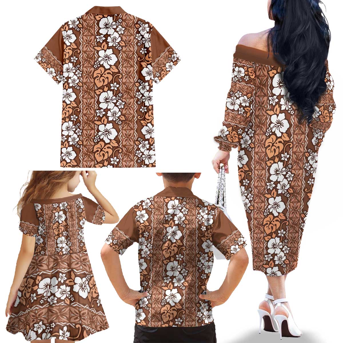 Hawaii Vintage Brown Hibiscus Tapa Pattern Family Matching Off The Shoulder Long Sleeve Dress and Hawaiian Shirt LT05 - Polynesian Pride