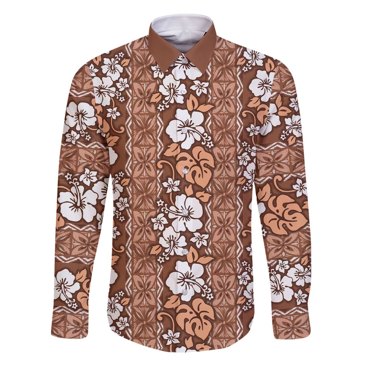 Hawaii Vintage Brown Hibiscus Tapa Pattern Family Matching Off The Shoulder Long Sleeve Dress and Hawaiian Shirt LT05 Dad's Shirt - Long Sleeve Brown - Polynesian Pride