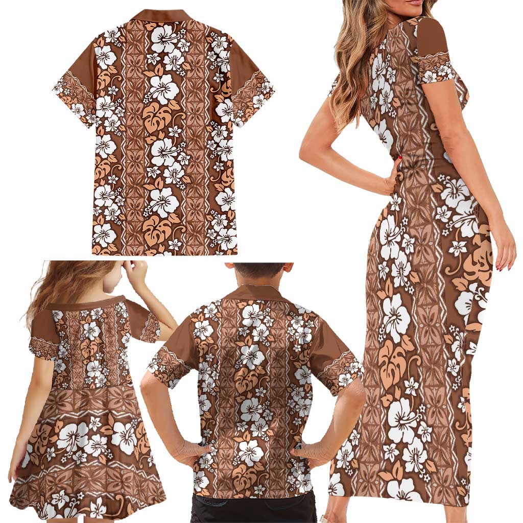 Hawaii Vintage Brown Hibiscus Tapa Pattern Family Matching Short Sleeve Bodycon Dress and Hawaiian Shirt LT05 - Polynesian Pride