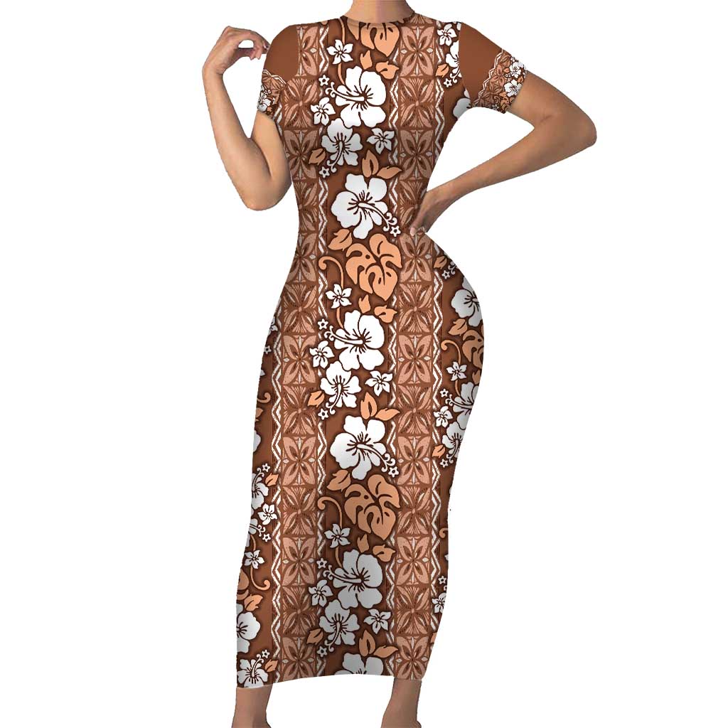 Hawaii Vintage Brown Hibiscus Tapa Pattern Family Matching Short Sleeve Bodycon Dress and Hawaiian Shirt LT05 Mom's Dress Brown - Polynesian Pride