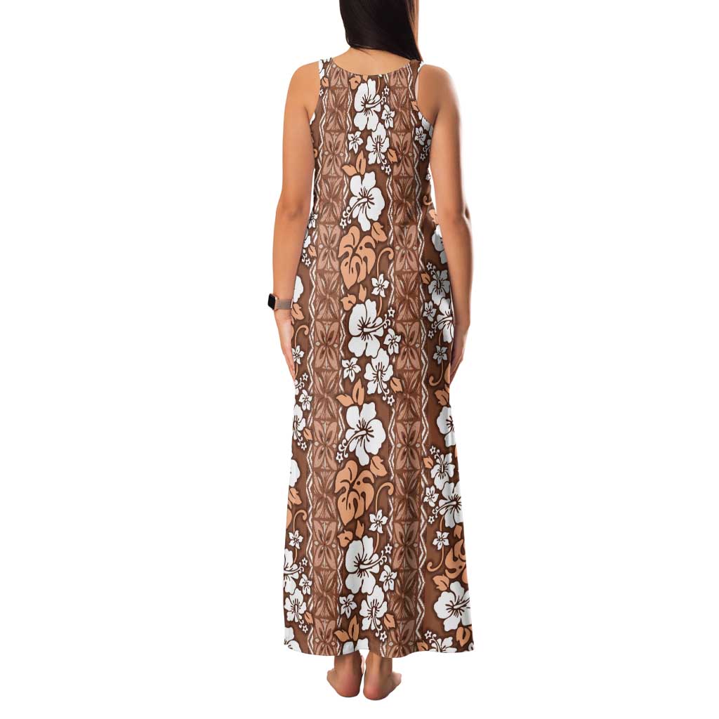 Hawaii Vintage Brown Hibiscus Tapa Pattern Family Matching Tank Maxi Dress and Hawaiian Shirt