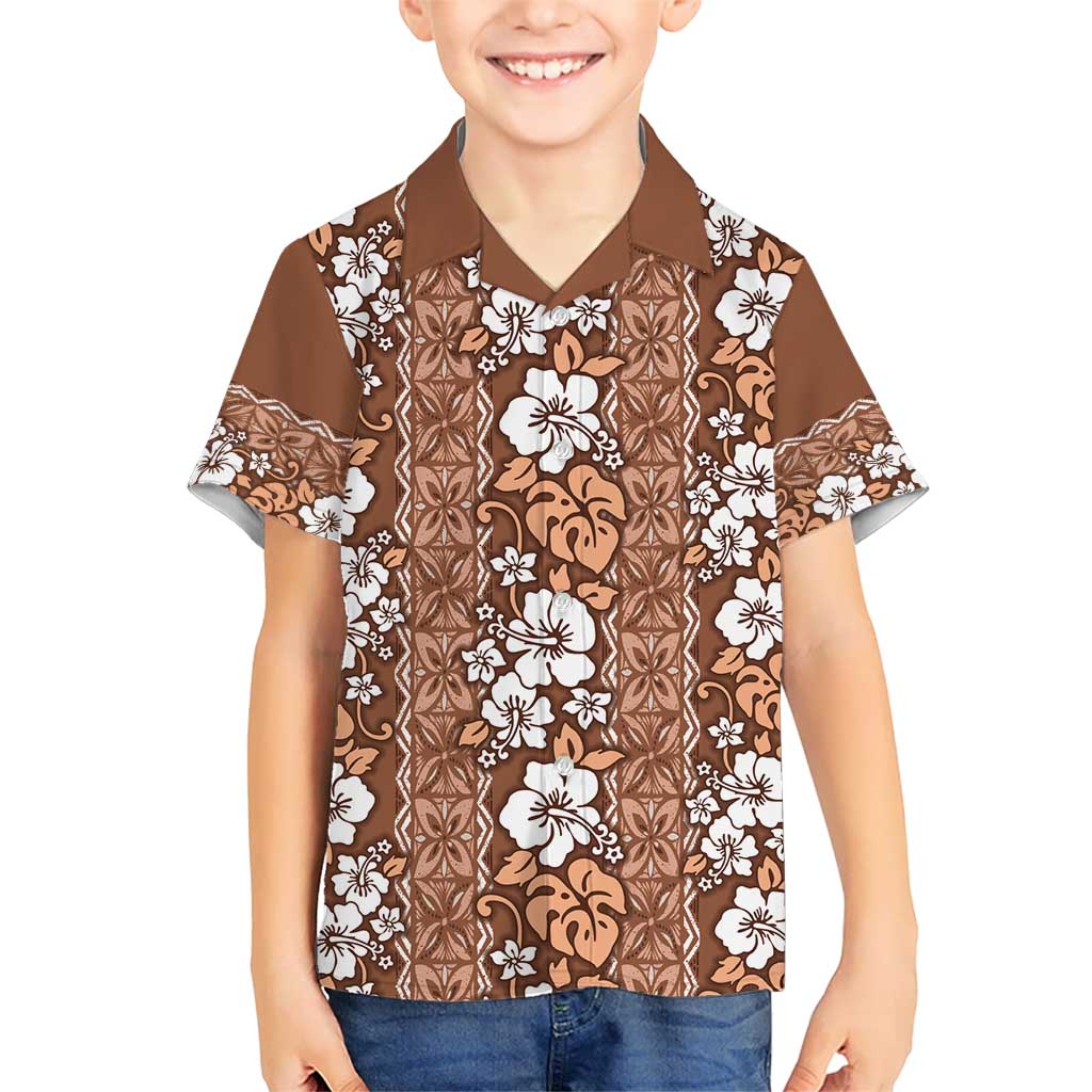 Hawaii Vintage Brown Hibiscus Tapa Pattern Kid Hawaiian Shirt LT05 Kid Brown - Polynesian Pride
