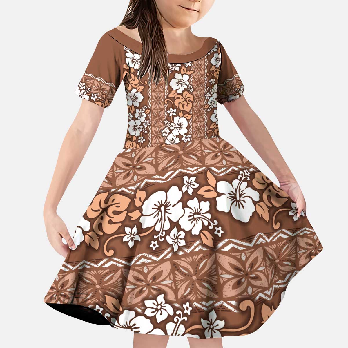 Hawaii Vintage Brown Hibiscus Tapa Pattern Kid Short Sleeve Dress LT05 KID Brown - Polynesian Pride