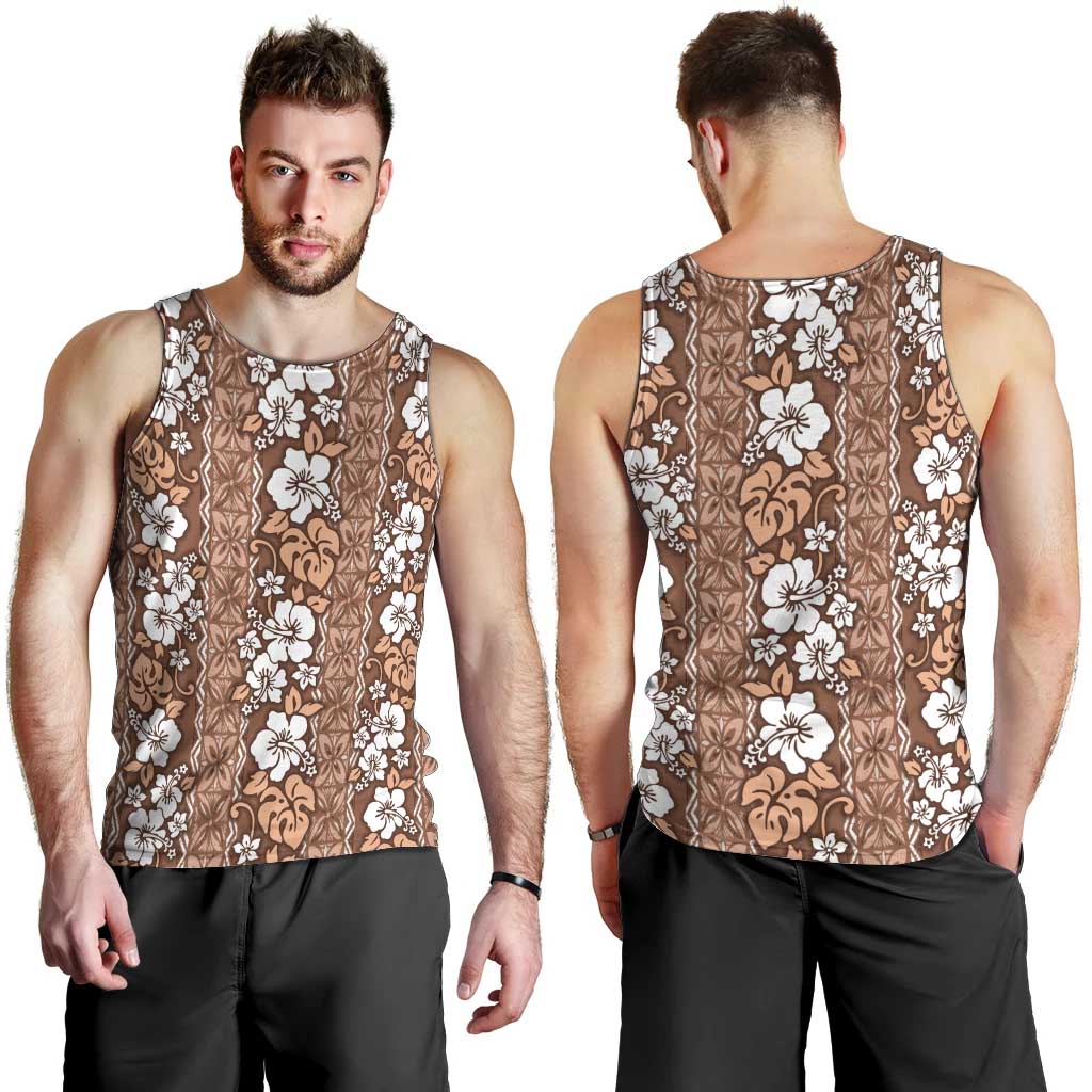 Hawaii Vintage Brown Hibiscus Tapa Pattern Men Tank Top