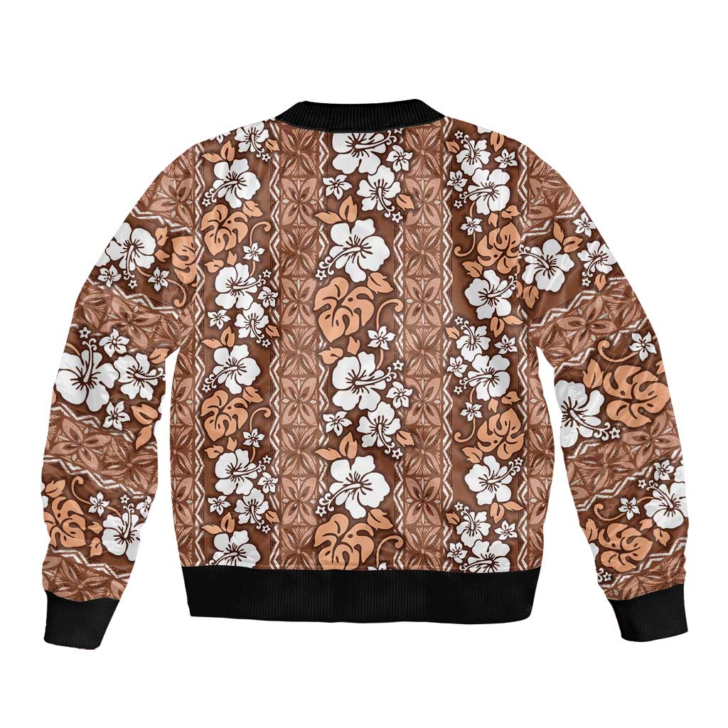 Hawaii Vintage Brown Hibiscus Tapa Pattern Sleeve Zip Bomber Jacket LT05 - Polynesian Pride
