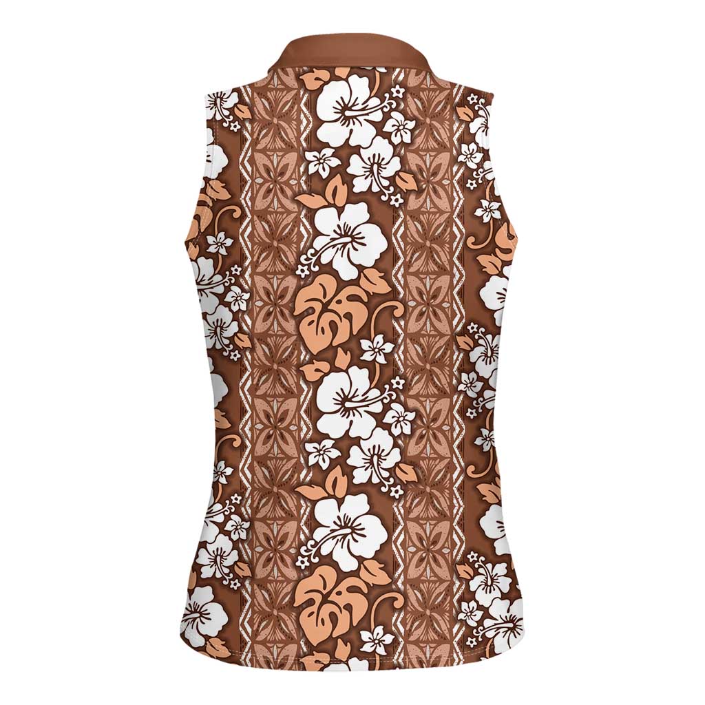 Hawaii Vintage Brown Hibiscus Tapa Pattern Women Sleeveless Polo Shirt