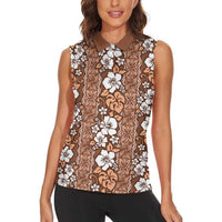 Hawaii Vintage Brown Hibiscus Tapa Pattern Women Sleeveless Polo Shirt
