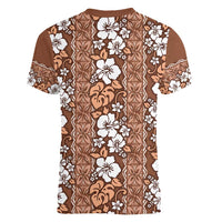 Hawaii Vintage Brown Hibiscus Tapa Pattern Women V-Neck T-Shirt