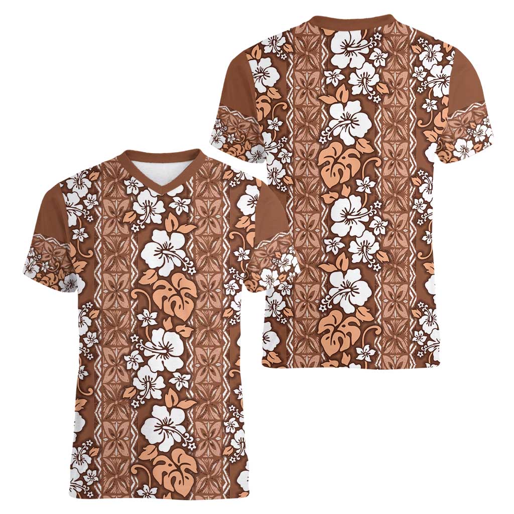 Hawaii Vintage Brown Hibiscus Tapa Pattern Women V-Neck T-Shirt