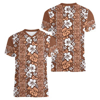 Hawaii Vintage Brown Hibiscus Tapa Pattern Women V-Neck T-Shirt