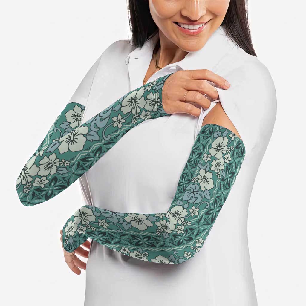 Hawaii Vintage Green Hibiscus Tapa Pattern Arm Sleeves - Polynesian Pride